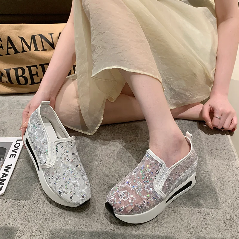 Platform Wedges women's Sneakers Floral Embroidery Mesh Sneakers For Women Slip On Casual Comfy Heeled Shoes Woman white size 42