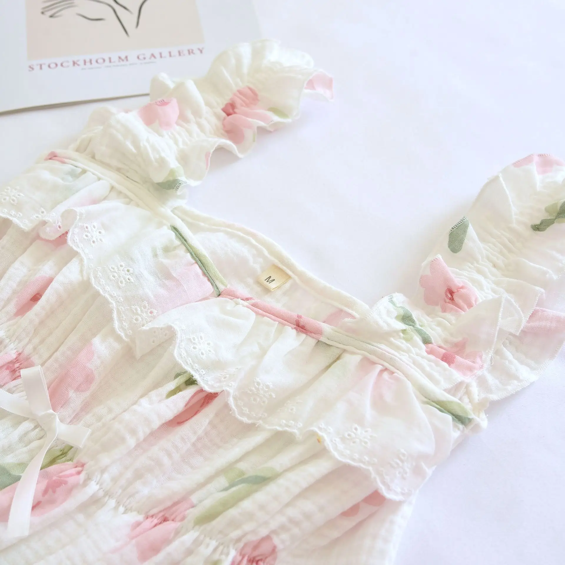 2023 Summer New Women's Pajama Set 100% Cotton Crepe Vest+Shorts Two Piece Ladies Pink Flower Sweet and Cute Home Fury Sleepwear