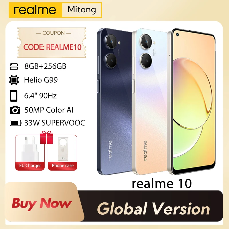 

realme 10 smartphone Helio G99 Super AMOLED Display 6.4'' 90Hz 33W Charge 50MP AI Camera Global Version 5000mAh Battery