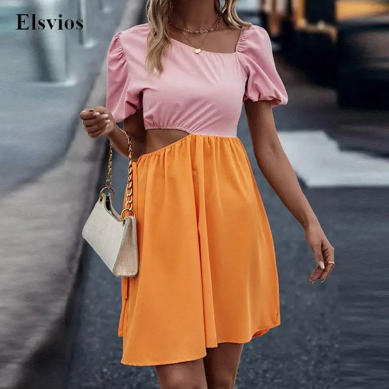 

Модное лоскутное свободное пляжное платье с неравномерным воротником, повседневное женское мини-платье с коротким рукавом, пикантные вече...