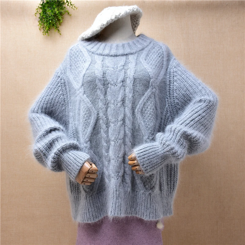 

Ladies Women Fashion Thick Warｍ Hairy Angora Rabbit Fur Knitted Long Sleeves Jacquard Weave O-Neck Loose Pullover Jumper Sweater