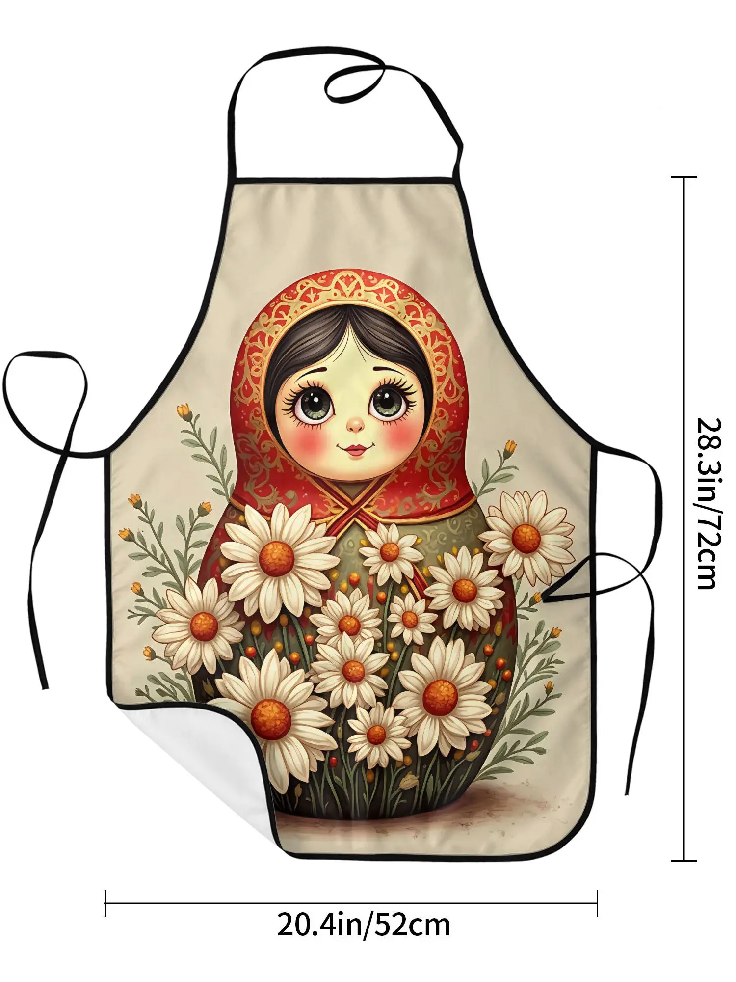 Фото Фартук с русской матрешкой и цветами ромашек, кухонный фартук для готовки и выпечки, подарок для женщин, народное искусство, одежда для шеф-повара, традиционный дизайн №2