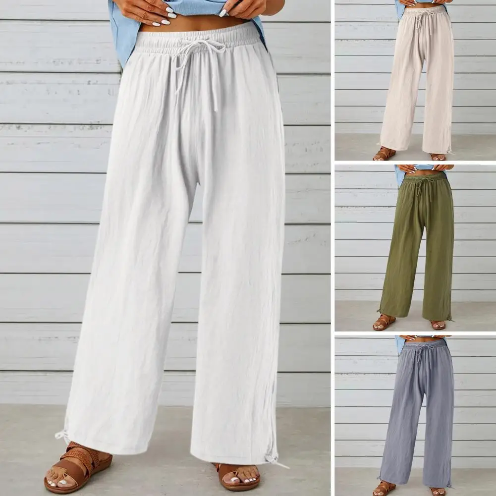 

Women Pants High Waist Elastic Waistband Drawstring Casual Trousers Full Length Pockets Straight Wide Leg Loose Pants
