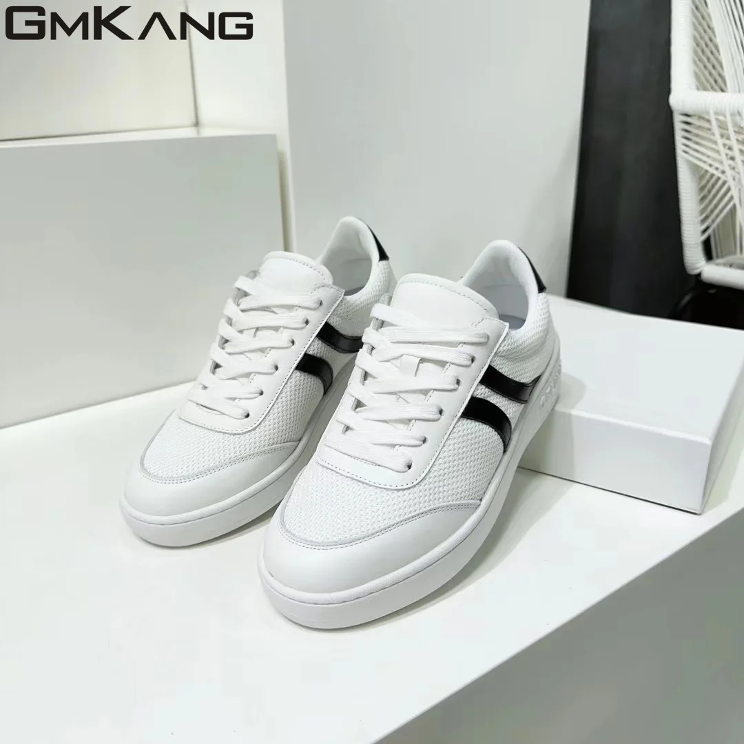 Thick soled casual shoes for women, genuine leather lace up small white shoes for women, round toe casual flat bottomed sports s