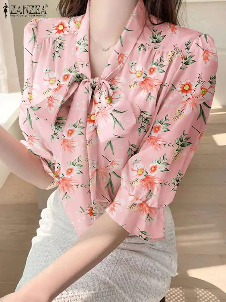 

Casual Commute Tops ZANZEA Women Puff Half Sleeve Blouse Fashion Holiday Bow Tie Floral Print Tunics Elegant Summer Office Shirt