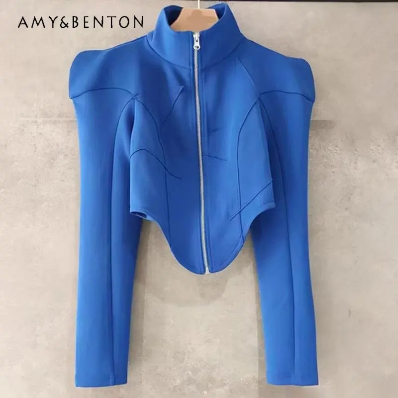 

Women's Fashion High Collar Clothes Slimming Zipper Irregular Long Puff Sleeve Coat Spring Autumn Casual Short Jacket