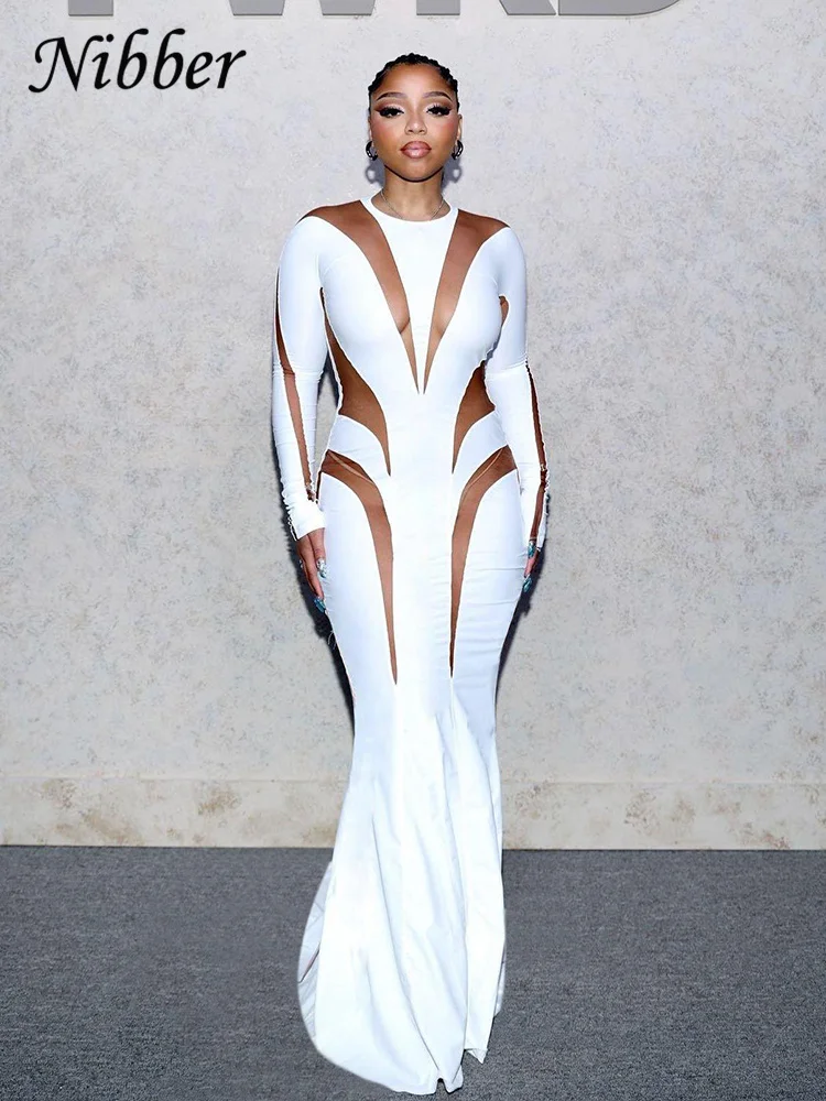 Nibber seksowna patchworkowa sukienka obcisła pełne rękawy poliester Slim Fit O-Neck letnia do podłogi dla kobiet