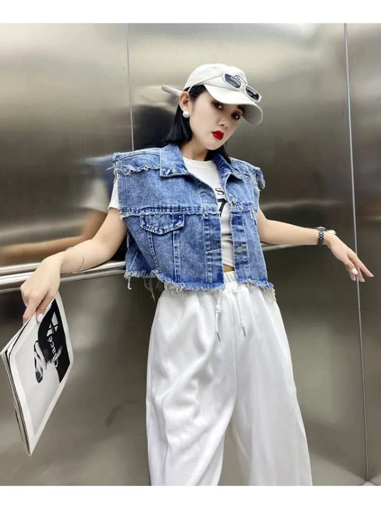 

Женская демисезонная майка Корейская версия с нестандартным дизайном нишевая джинсовая майка с кисточками короткий топ свободный и модный D4768