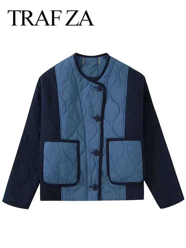 TRAF ZA Autumn Women's Cotton Coats Patchwork Pocket Vintage Warm Button Long Sleeve Jacket Female Casual Crew Neck Outerwear