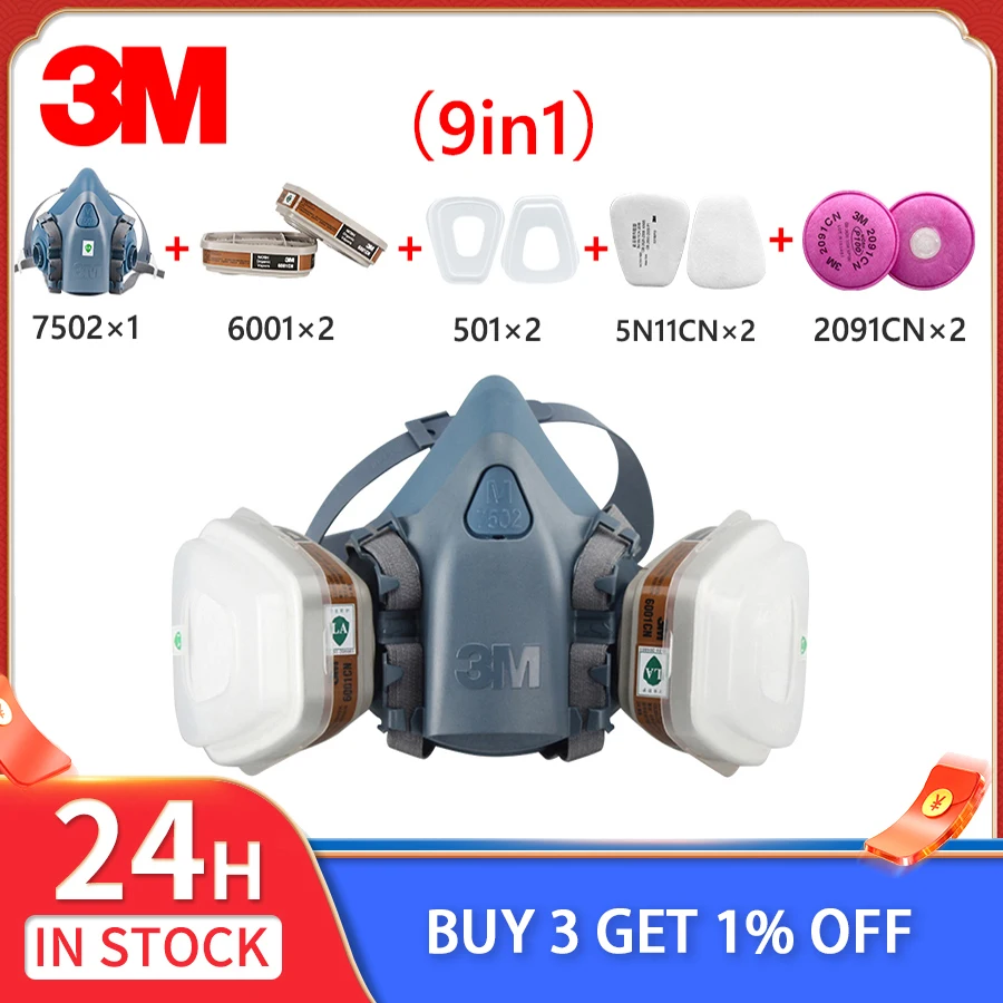 

3M 7502 Half Face Respirator 9 in 1 Anti-Gas Dust Proof Paint Chemical Pesticide Laboratory Matched 6001/5N11/2091 Filter Cotton