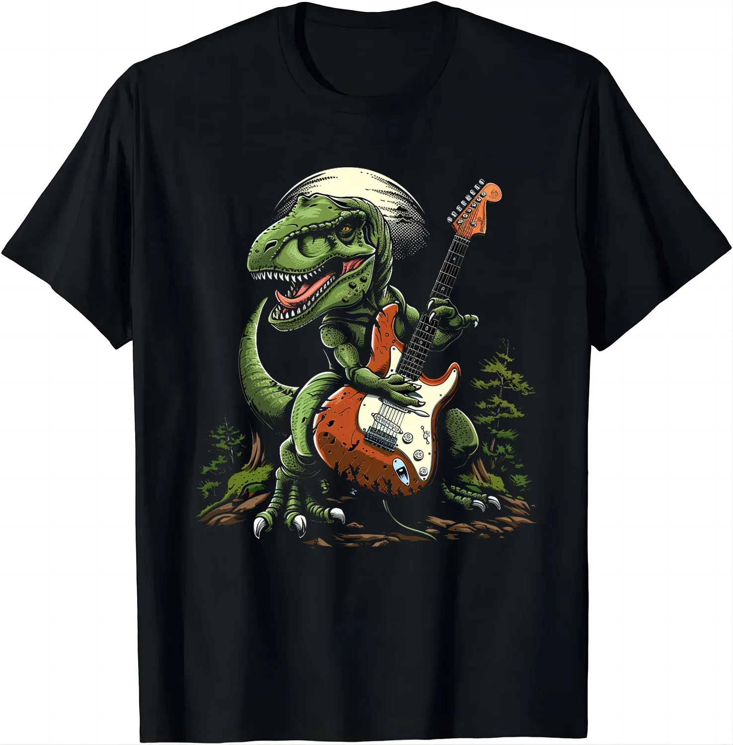 Футболка Groovy Green Dino - Rocking Out с оранжевой гитарой в лесу Рубашки графическим