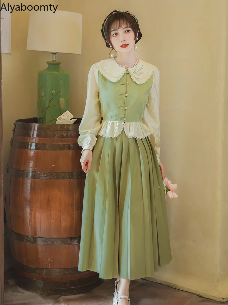 

Mori Girl Spring Autumn Women 2Pcs Set Peter Pan Collar Floral Embroidery Blouse+Midi Pleated Skirt Vintage Elegant Chic Outfits