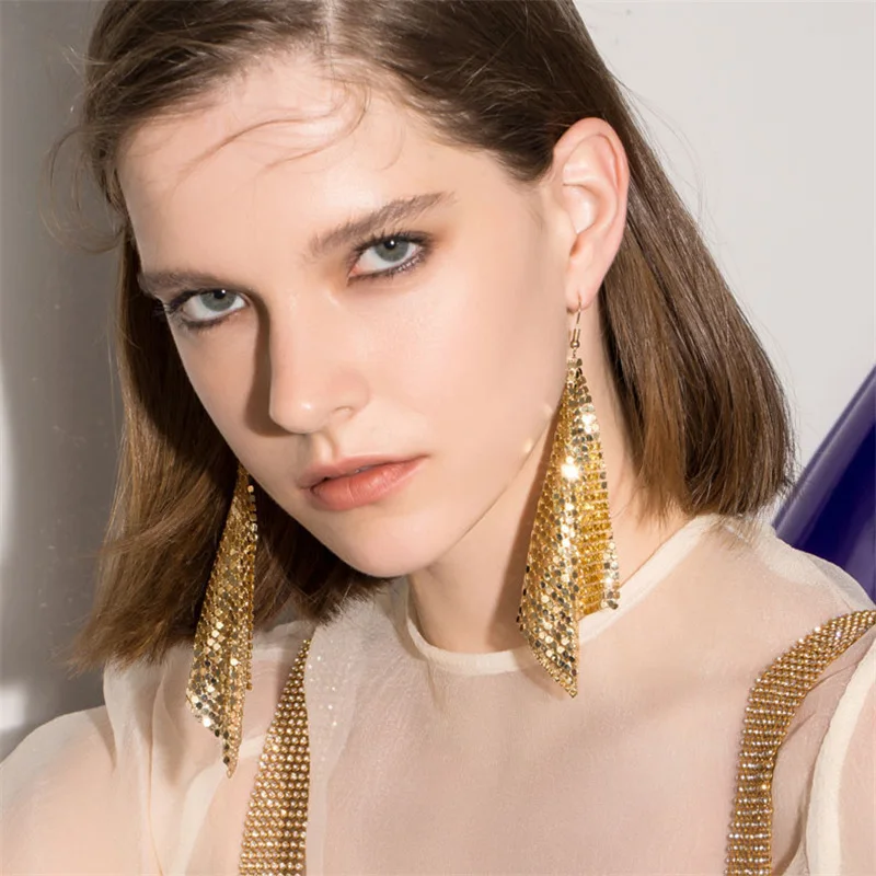 

New Exaggerated Fashion Earrings Sequined Tassel Earrings for Women Creative Square Geometry Long Earrings