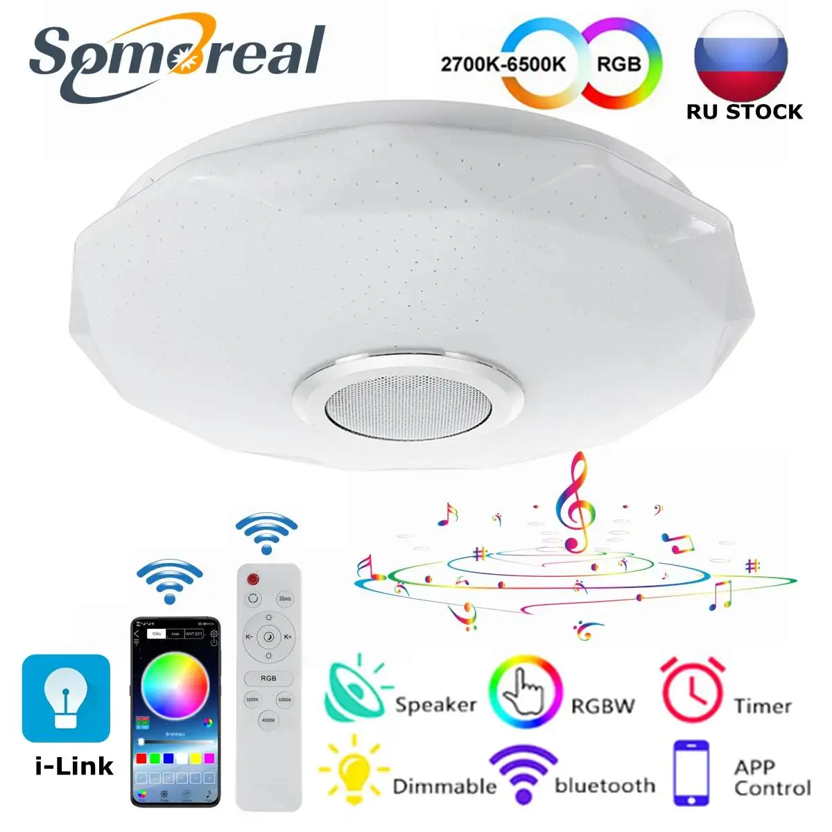 

30W Smart Ceiling Light Fixture 11Inch Ultra Thin RGBW Color Changing App Control 3000K-6500K Dimmable Bluetooth Speaker Lamp