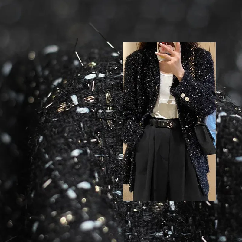 

Модная твидовая ткань 50x145 см, черная, золотистая, окрашенная в оплетку, для женщин, осенняя куртка, платье, костюм, пальто, сумочка, ткань «сделай сам» для шитья