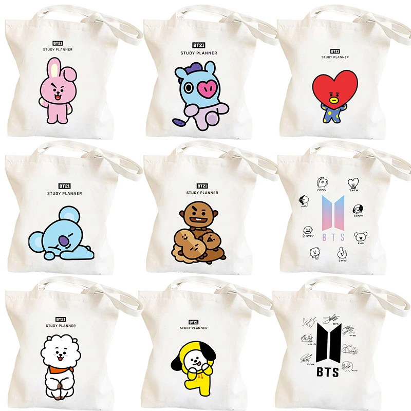 

Bt21 Cartoon Canvas Bag Large Capacity Class Book Backpack Bts Shoulder Handbag Bangtan Boys K-Pop Star Shopping Bag Girl Gift