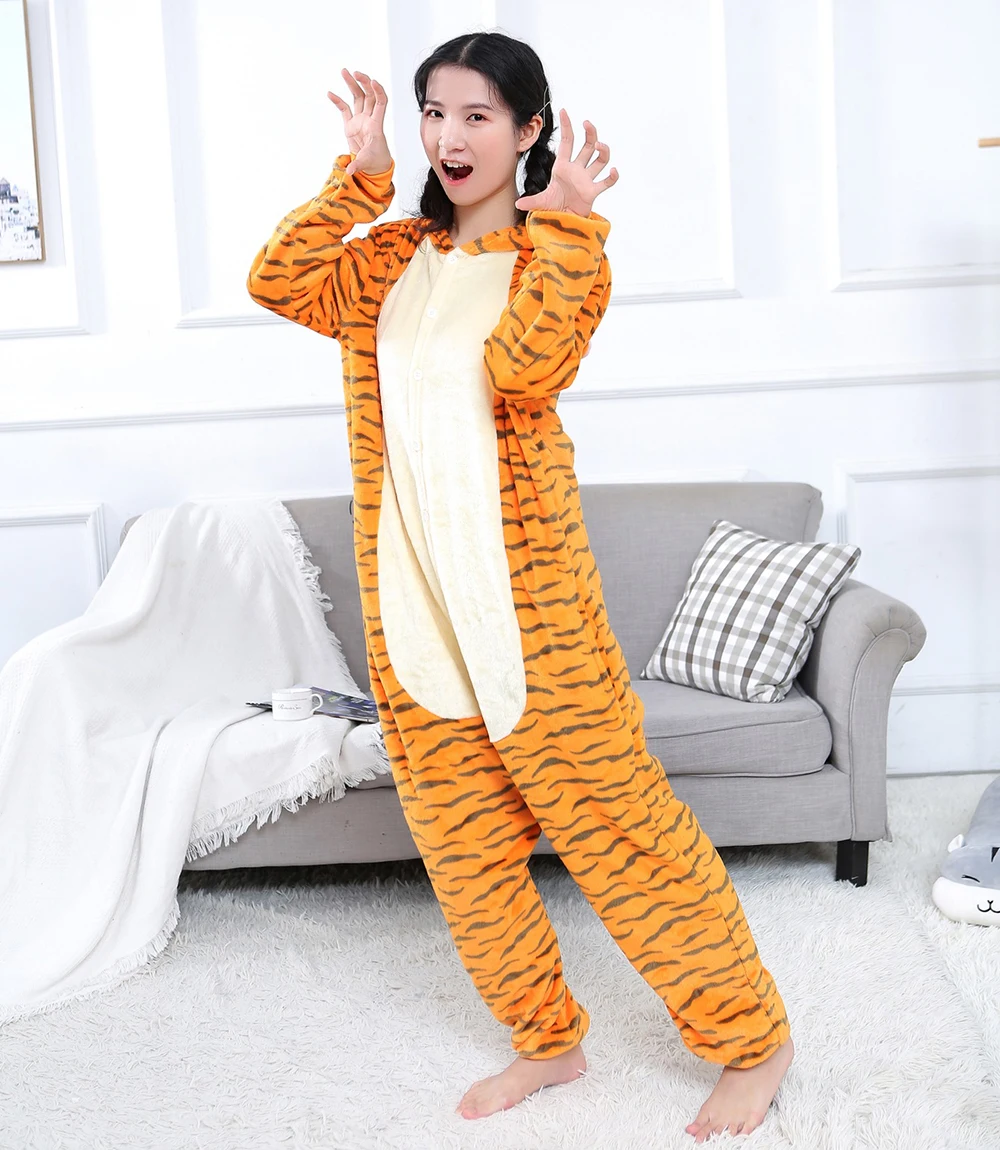 New Tiger Sleepwear Cute Animal Cartoon Flannel Pajamas Set for Women Long Sleeve Loungewear Halloween Cosplay Jumpsuit Homewear