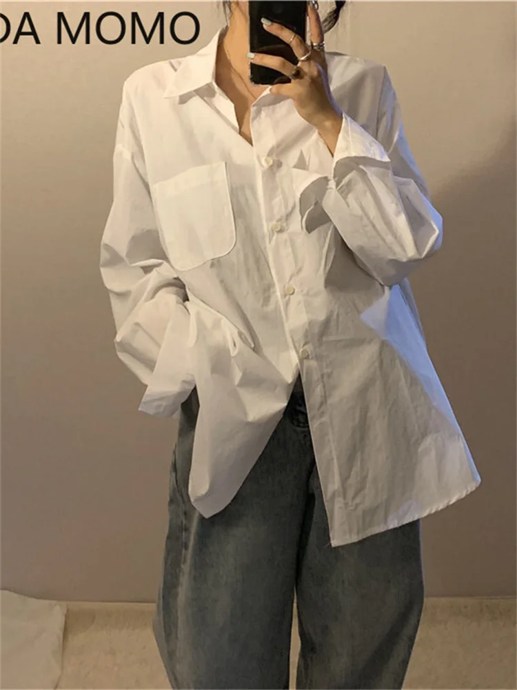 

Women Blouses Office Lady Cotton Oversize clothes Tops Pink White Blue Long Sleeve 2021 Spring Korean Fashion BF Shirts