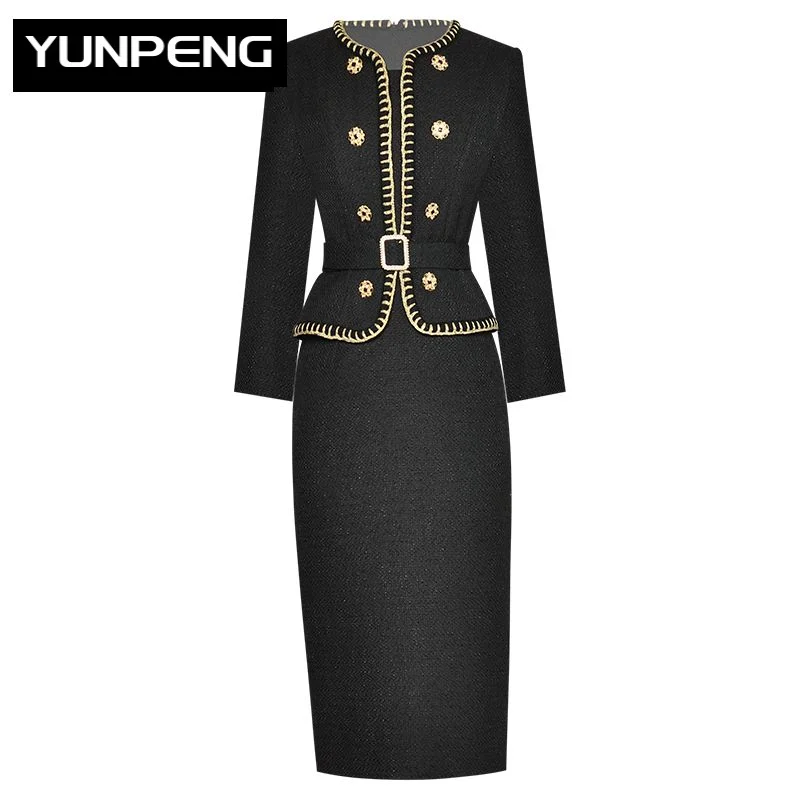 O-neck Long Sleeve Beading Button Package Buttocks Dress