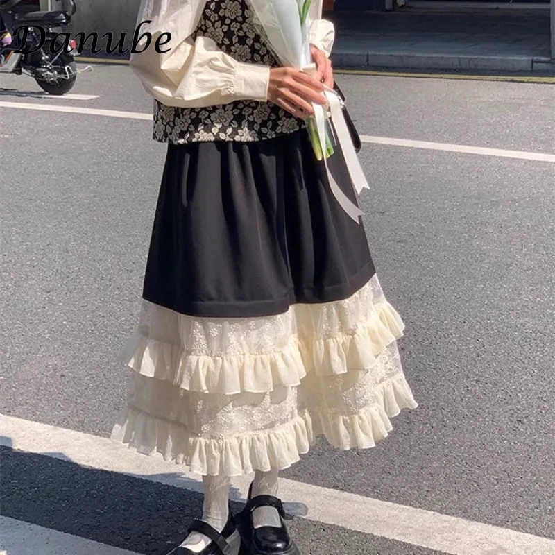

Vintage Lace Ruffle Patchwork Skirt For Women Spring Summer High Waist Kawaii Cake Long Skirt Grunge Fairy Lolita Pleated Skirts