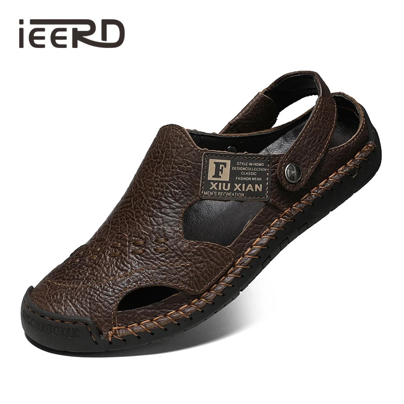 

100% Genuine Leather Sandals Men Breathable Outdoor Sandals Plus Size 38-48 Dual Men Slippers
