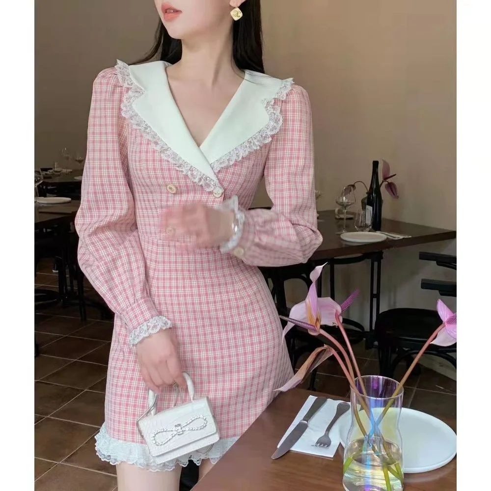 

Pink Black Vintage Retro Dress Women Autumn 2022 Elegant Party Mini Dress Female Casual Button Lace Chic Sweet Korean Y2K Dress