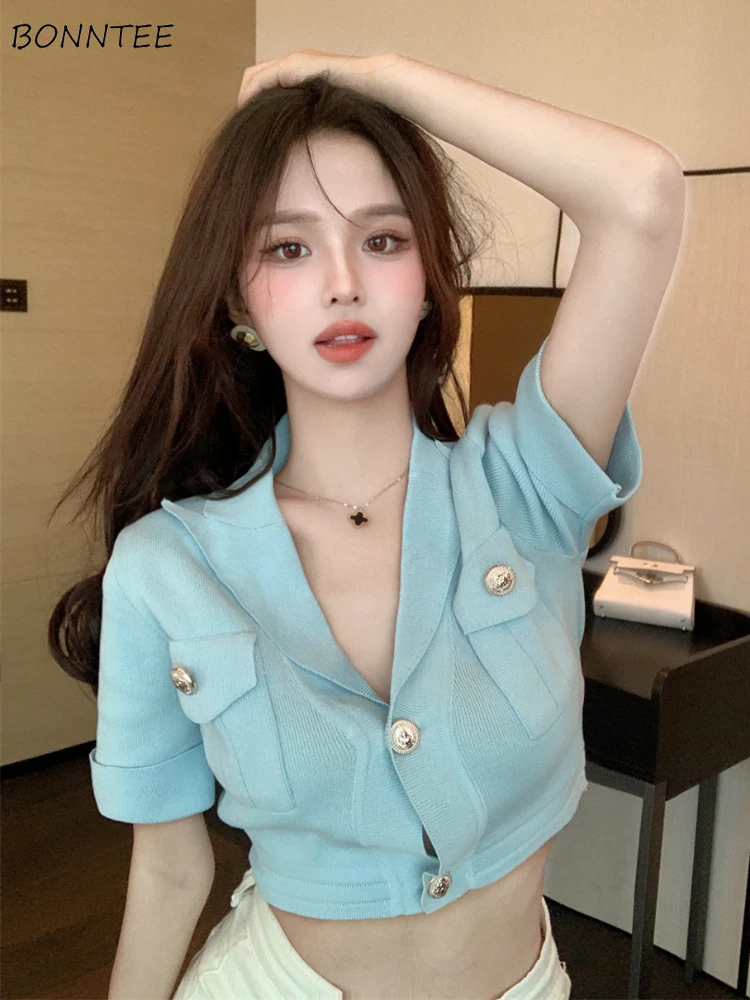 

Трикотажные укороченные футболки, Женские приталенные пикантные женские стильные в стиле преппи на пуговицах, Новое поступление, винтажны...