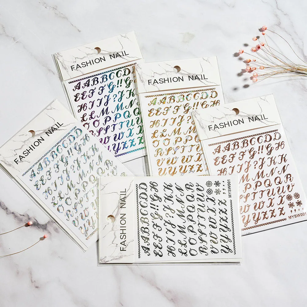 

1Sheet English Letter Nail Stickers Self-adhesive 3D Alphabet Nail Slider White Black Foil Transfer Letter For DIY 3d Nail Decal