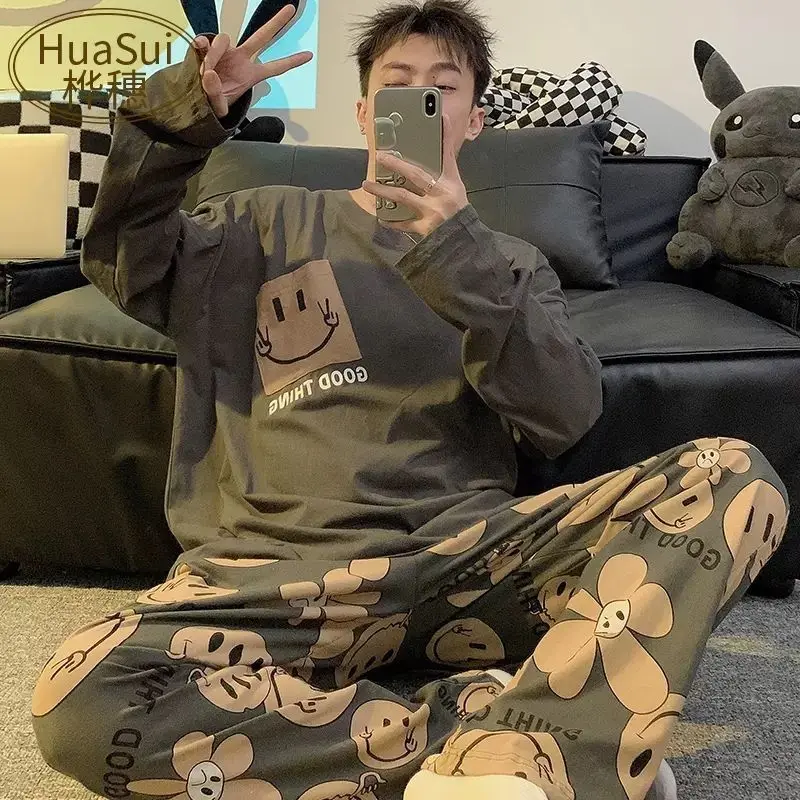 Large size long sleeve pajamas men's autumn and winter thin plus extra large size 300 pounds cardigan fat guy teen loungewear