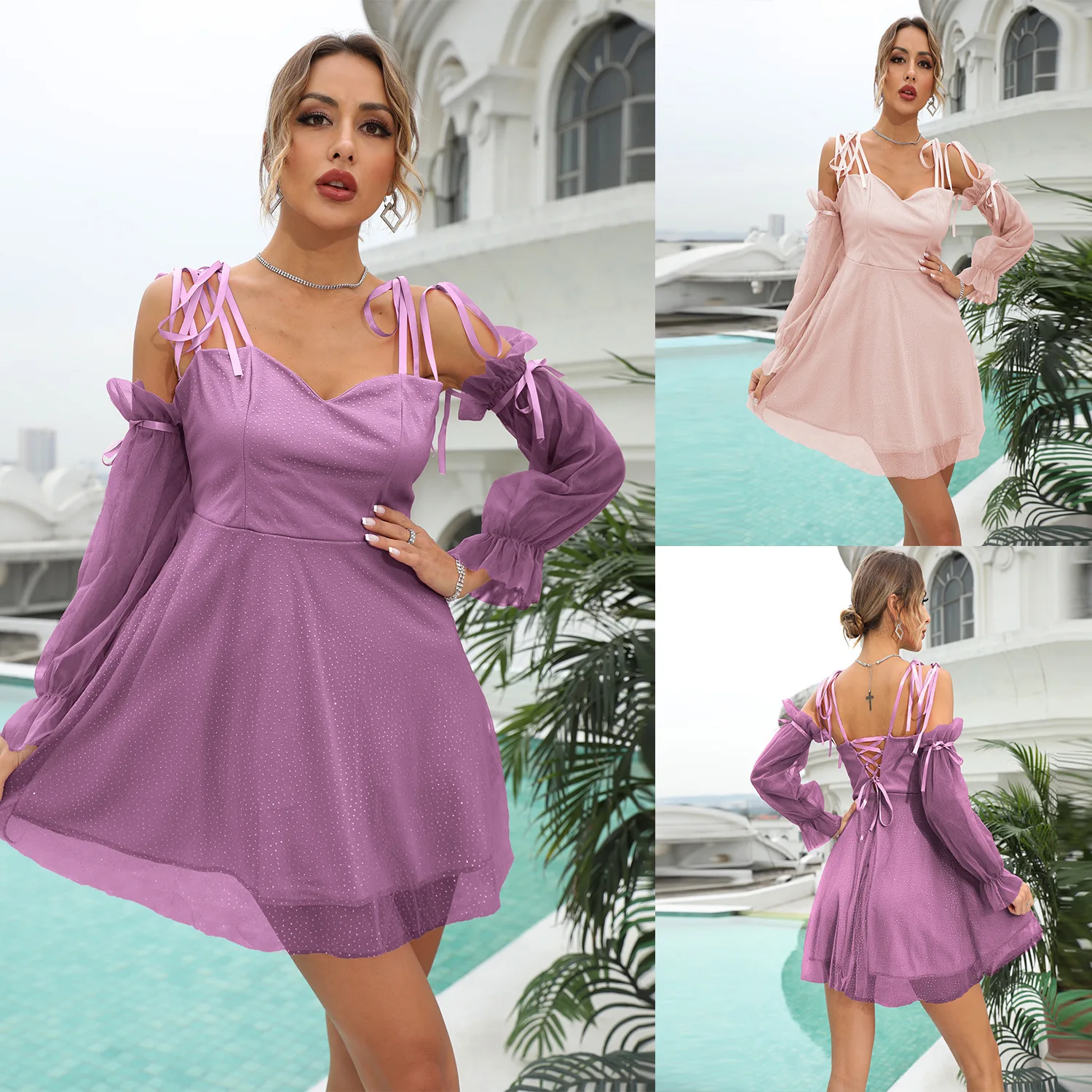 

Женское мини-платье с длинным рукавом, открытыми плечами и открытой спиной