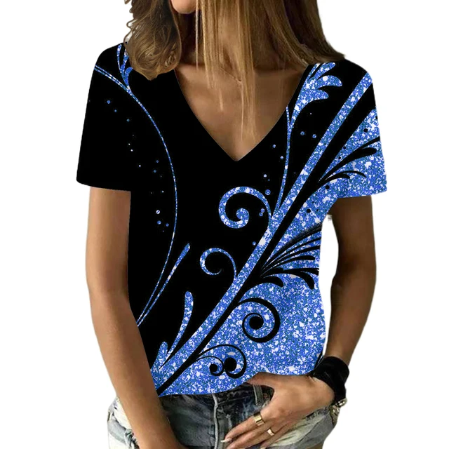 

2023 New Flower 3D Printing T-shirt Women's V-neck T-shirt Women's Street Apparel Sexy Girl T-shirt