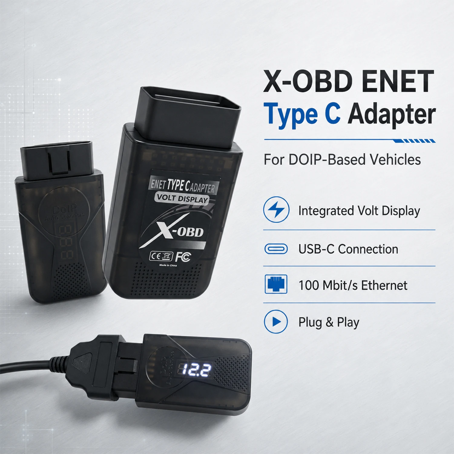 Фото Адаптер ENET Type C DoIP с дисплеем напряжения – мониторинг напряжения аккумулятора в реальном времени – для BMW, Mercedes, Audi, Land Rover №2