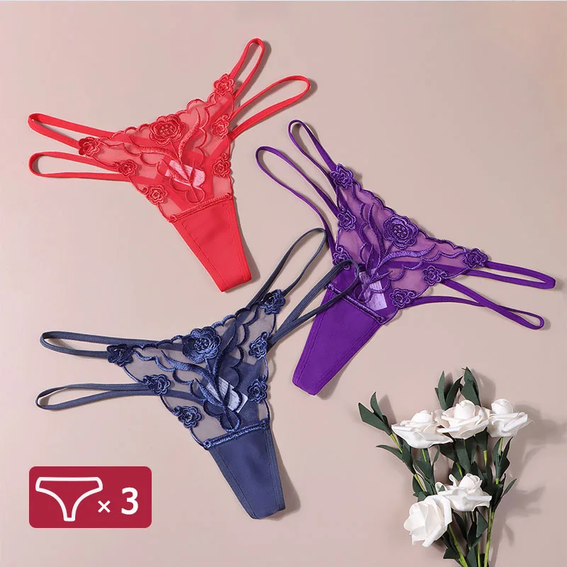 

3pcs Woman Seamless Panties Set Sexy Lace G-string Mesh See-through Underwear Embroidery Floral Brief Thin Straps Intimate Thong