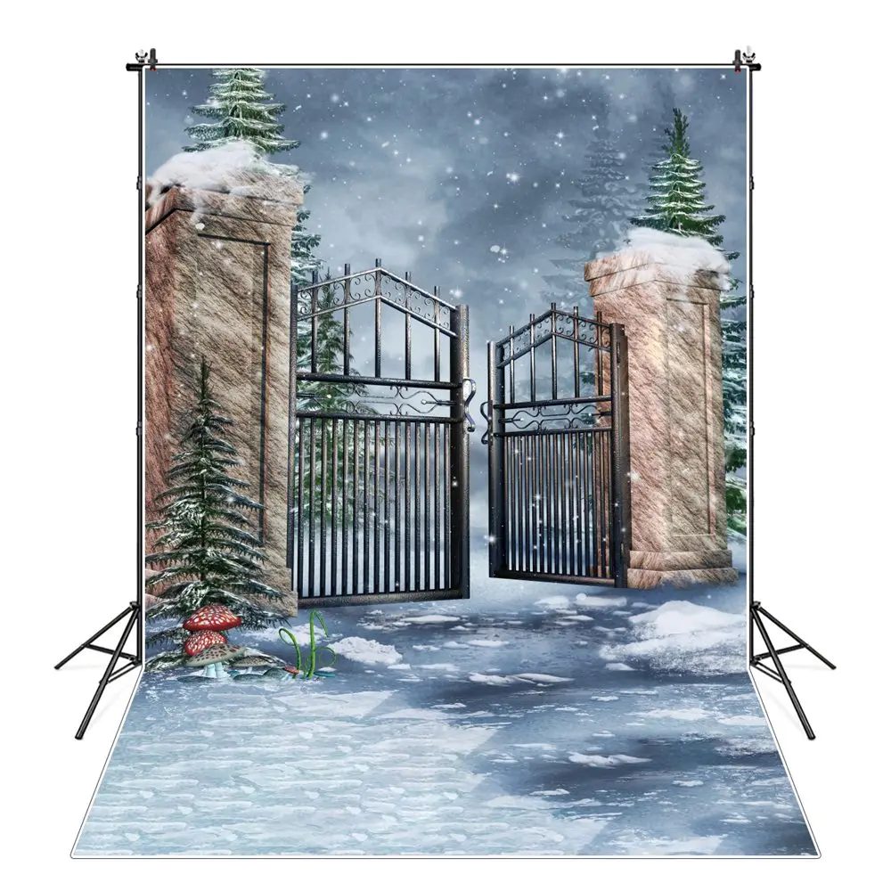 

Winter Snow Gate Wonderland Photography Backgrounds Fairy Tale Kids North Christmas Tree Backdrops Photographic Portrait Props