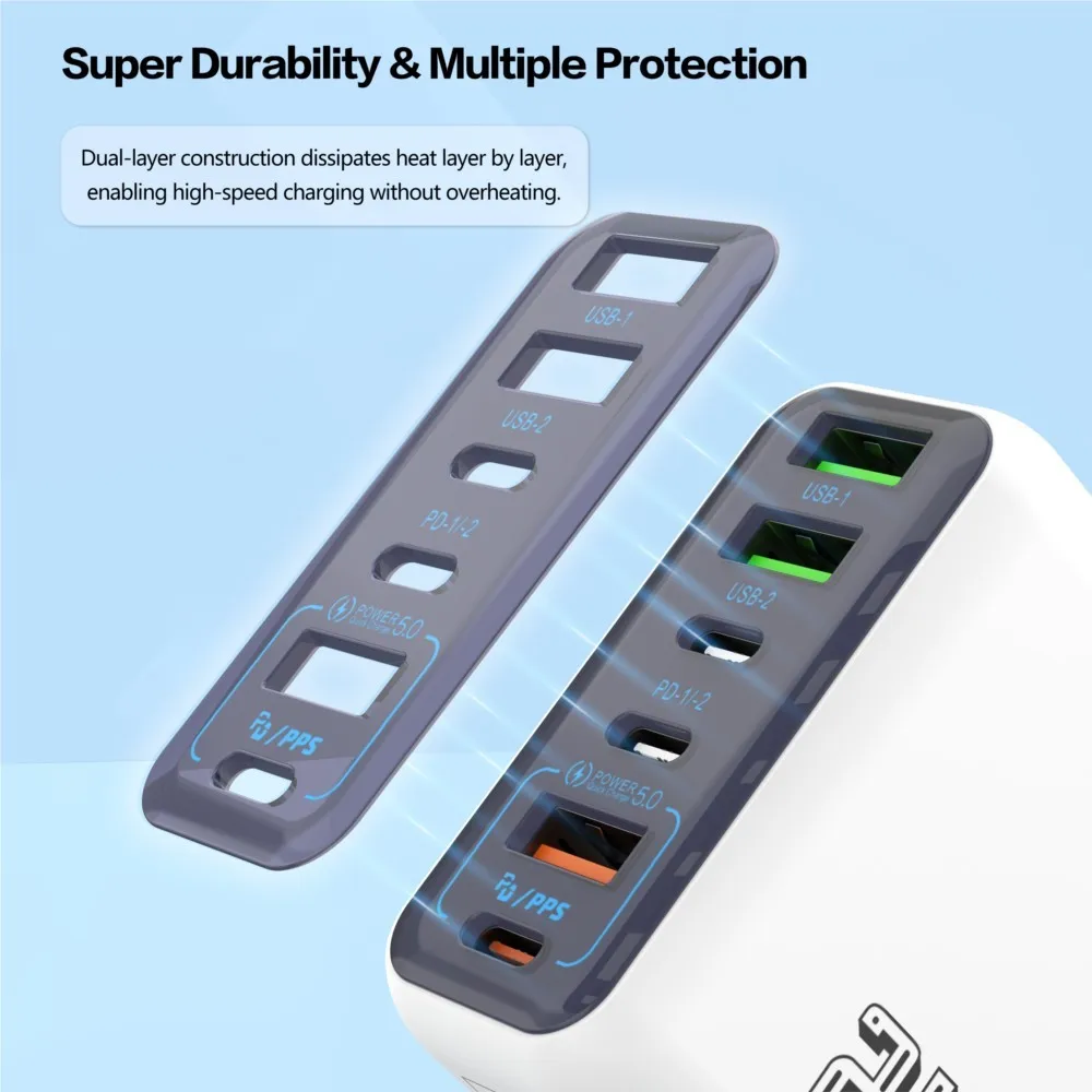 Фото 6-портовое зарядное устройство USB Type-C с быстрой зарядкой 240 Вт, PD 3.0, адаптер для путешествий, зарядка для iPhone и Samsung, поддержка стандартов US и EU. №3