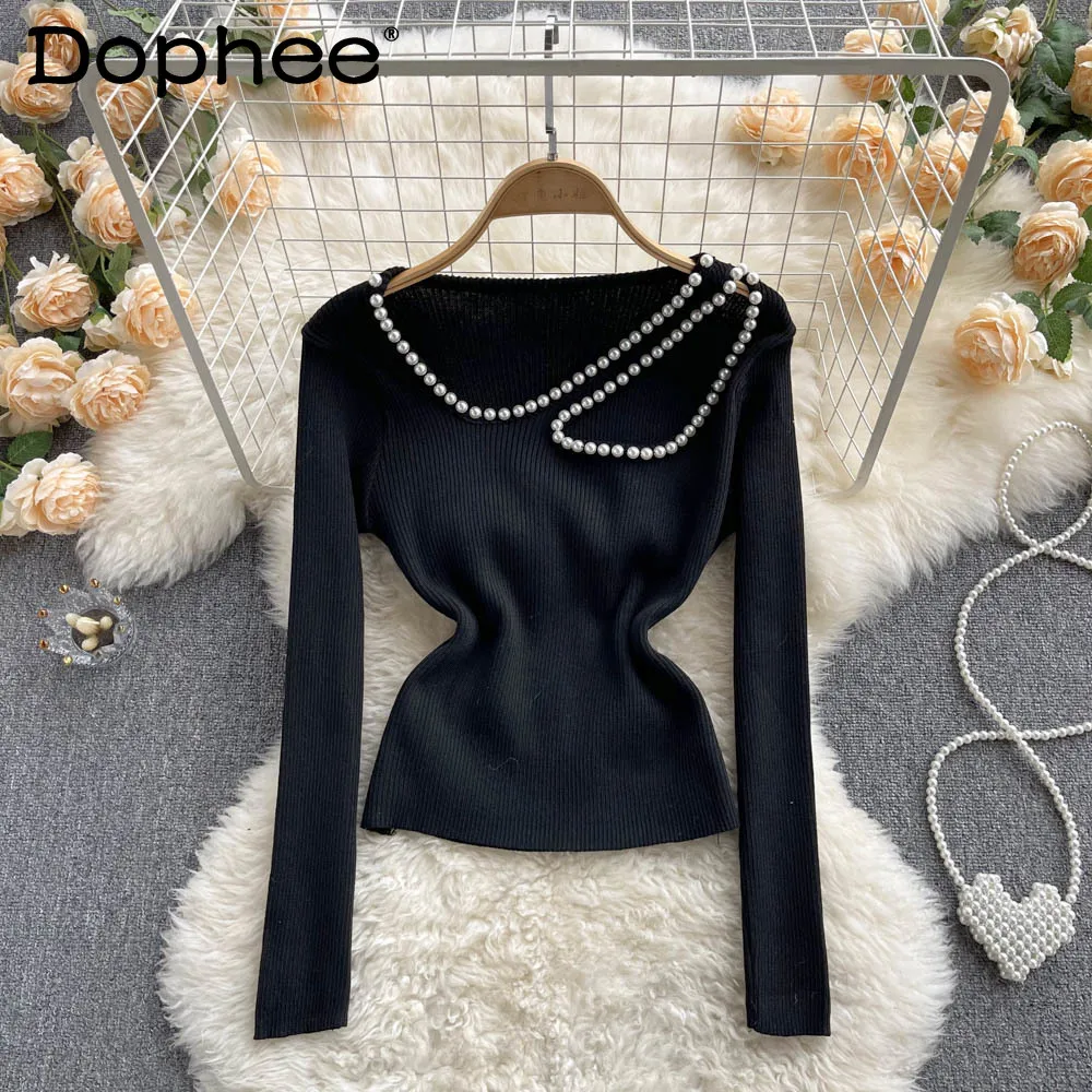 

Women's Design Sense Niche Hollow Beading Diagonal Collar Slim Fit All-Match Long-Sleeved Tshirt Women's Knitted Bottoming Shirt