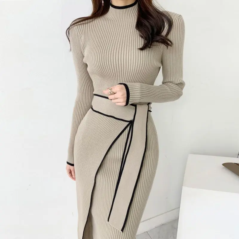 

Korean Chic Autumn Winter Temperament Half High Collar Sheath Bandage Knitting Dresses Spliced Black Colour Belt Mid-calf Solid