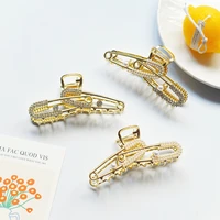 hot hair accessories selling metal paper clip shape inlaid rhinestone pearl large hair clip claws for women thick hair