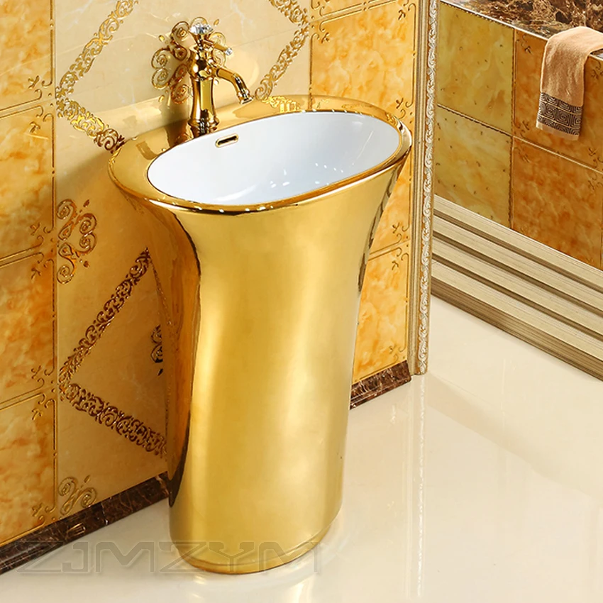 

European-Style luxurious Ceramic Pedestal Basin 825*590mm Integrated Washbasin Hotel Gold Column Basin Floor-Type