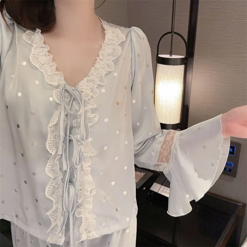 Милые пижамы с рюшами женские весенне-осенние пижамные комплекты из 2 предметов