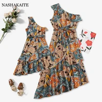mom and daughter family look patchwork slant shoulder double hem floral dress mommy and me clothes matching family outfits