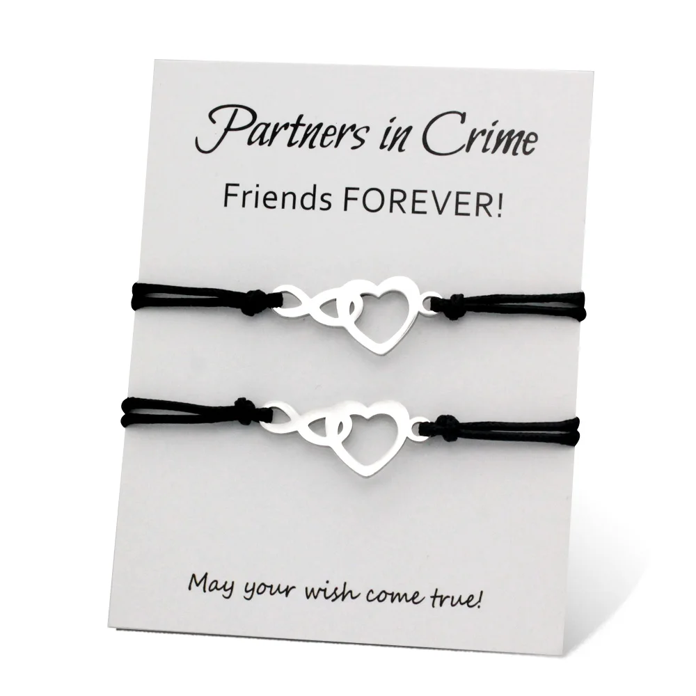A SET-Heart Partners in Crime Charm Adjustable Bracelets Stainless Steel Fashion Jewelry Best Friends Lover Couple Gift