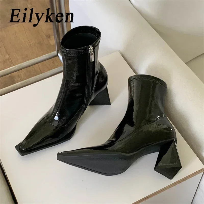 

Eilyken/осенне-зимние ботильоны из лакированной кожи; Женская обувь на высоком квадратном каблуке с острым носком; Ботинки «Челси» с боковой молнией