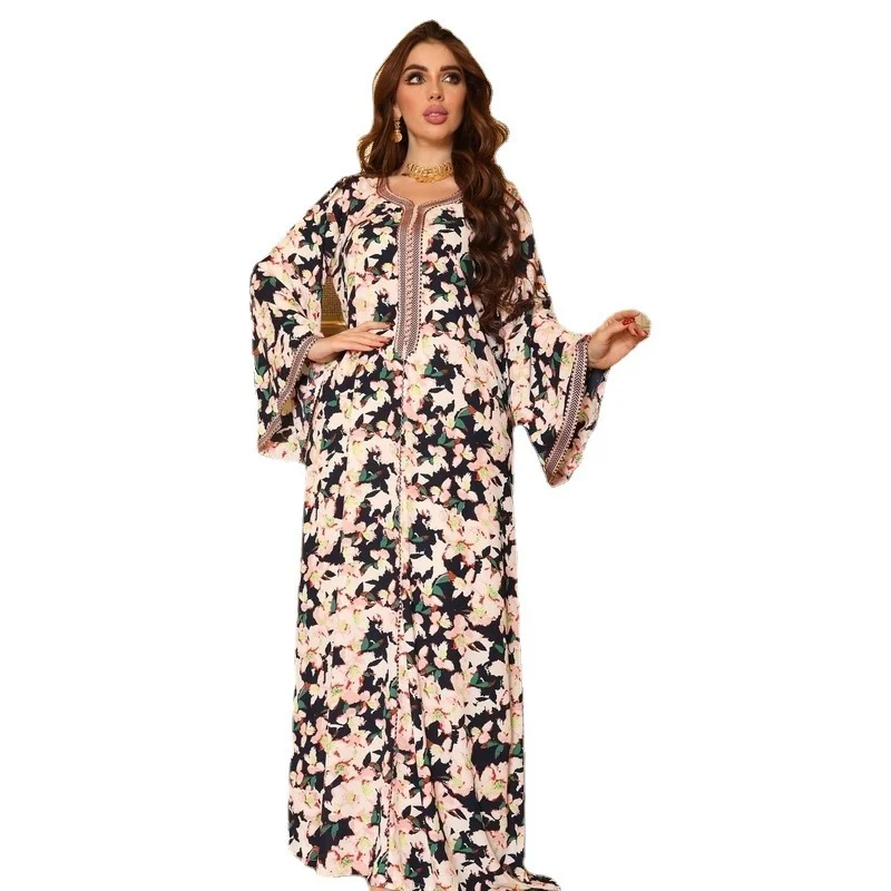 Купи Abaya Dress Jalabiya Kaftan for Women Elegant Ethnic Print Muslim Maxi 2022 Eid Dubai Arabic Clothing Moroccan Caftan Robe за 938 рублей в магазине AliExpress