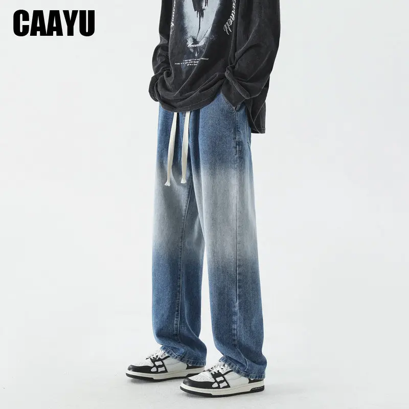 CAAYU Korean Fashion Men's Baggy Jeans Classic Japanese Streetwear Straight-leg Denim Wide-leg Pants Male Light Blue Jeans Mens