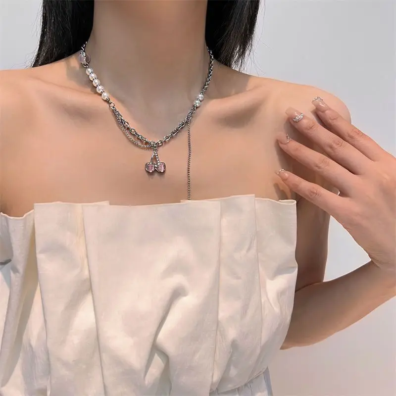 Draweye Pink Cherry Necklaces for Women Sweet Y2k Korean Fashion Jewelry Pearls Beads Elegant Sweet Pendant Necklace Vintage