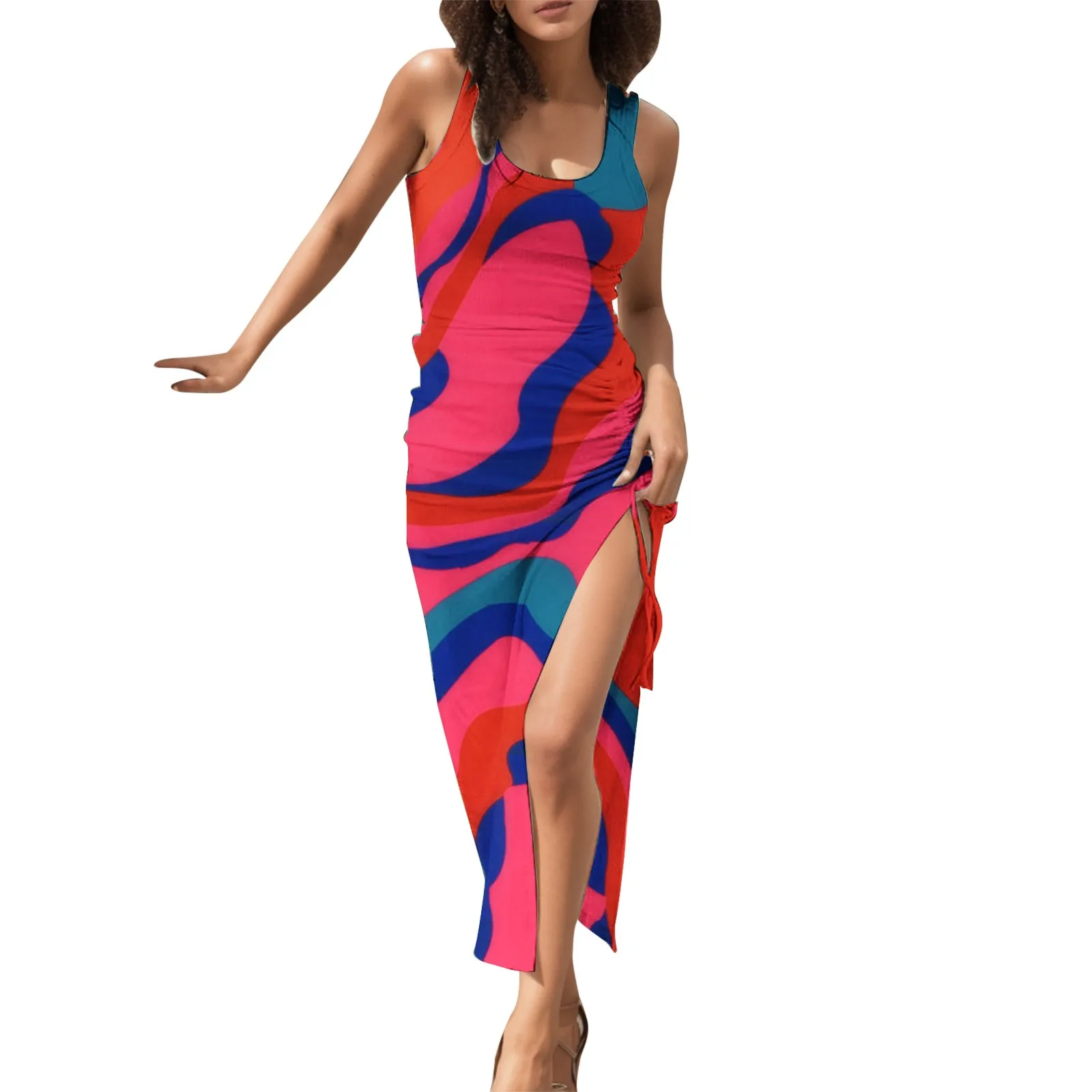 

Женское сексуальное облегающее платье макси без рукавов с Боковым Разрезом, повседневное Ребристое вязаное пляжное платье-сарафан с оборками, милое платье-рубашка