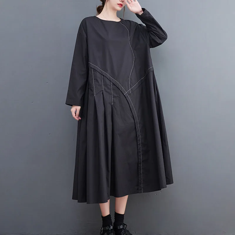 

Женское плиссированное платье средней длины, черное свободное Повседневное платье с длинным рукавом, в винтажном стиле, весна-осень 2022