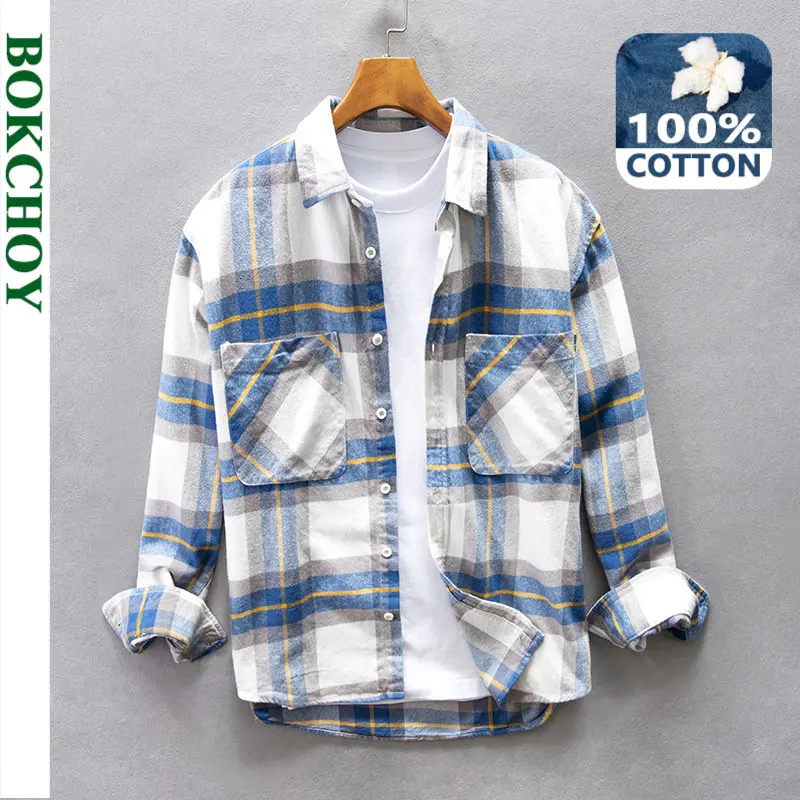 

2022 Autumn Winter New Dropped Shoulder Loose Casual Men's Fresh Brushed Plaid Shirt Multi-pocket Cotton Top AZ198