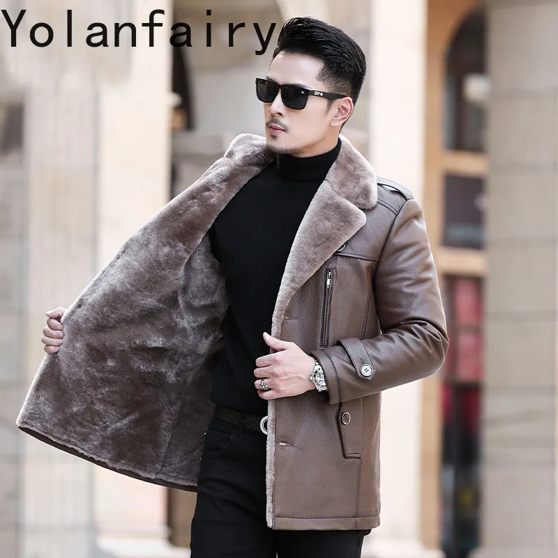Мужская кожаная куртка YOLANFAIRY из воловьей кожи роскошное зимнее пальто для мужчин